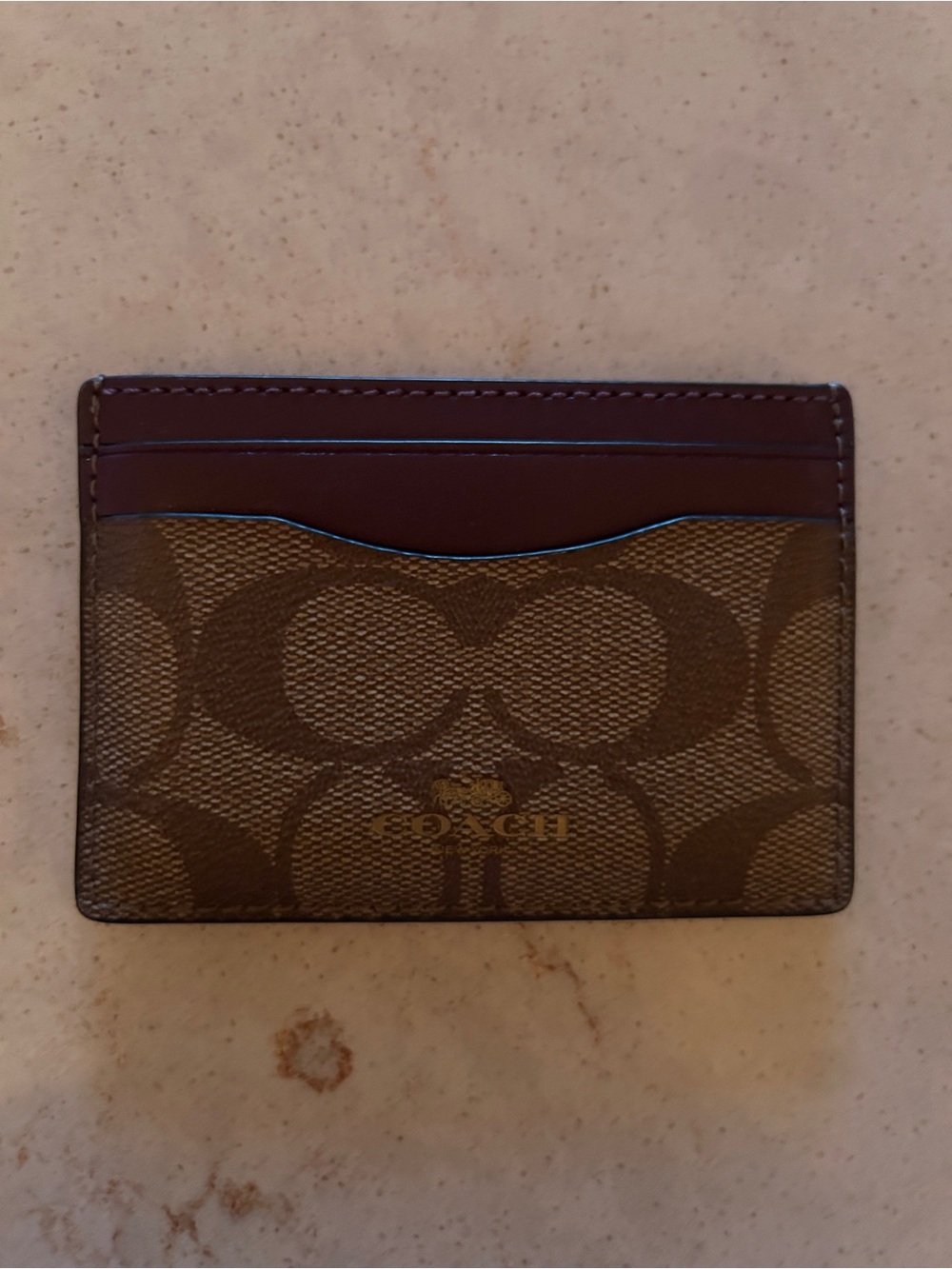 Coach Brown Signature Canvas Card Holder with Purple&Chestnut Leather